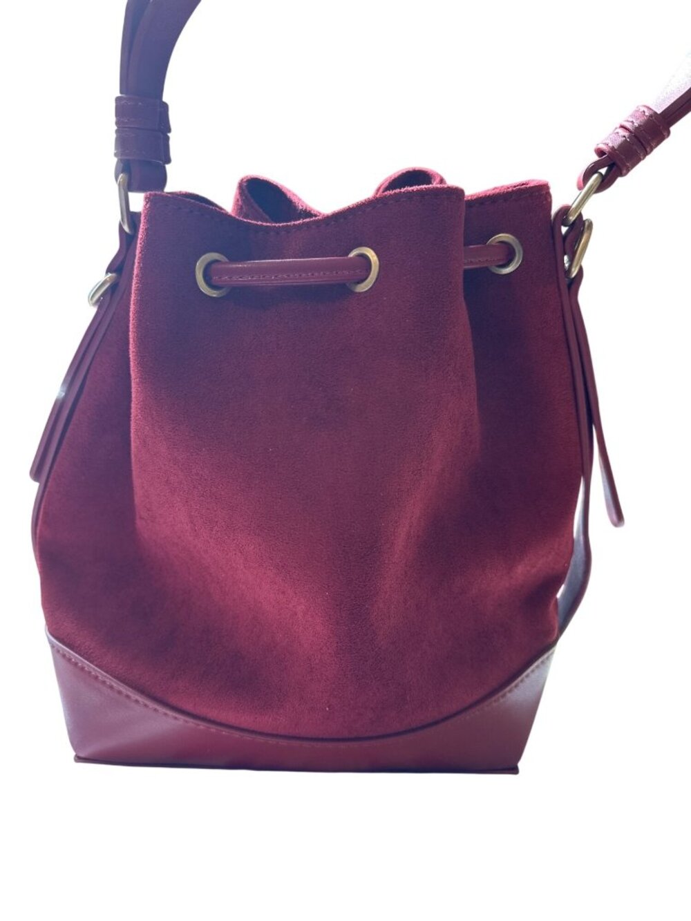 Burgundy Suede Leather Bucket Bag With Tassel Drawstring & Adjustable Strap - Picture 2 of 8